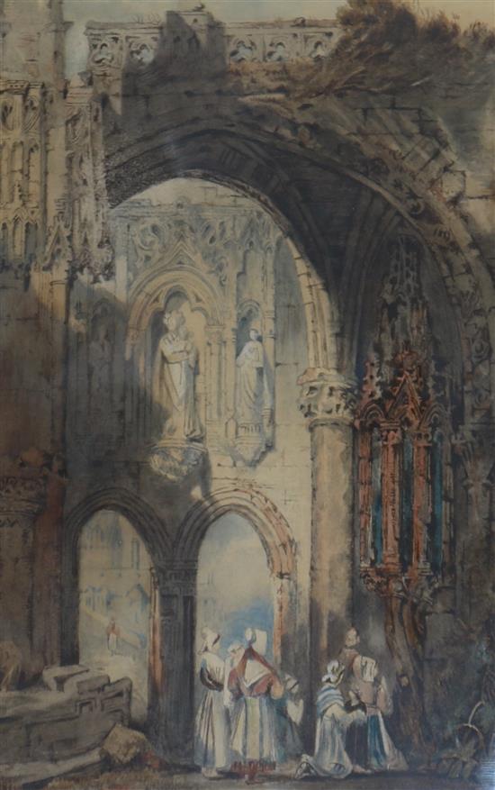 Manner of Samuel Prout Women praying beside a cathedral ruins W.29x42cm